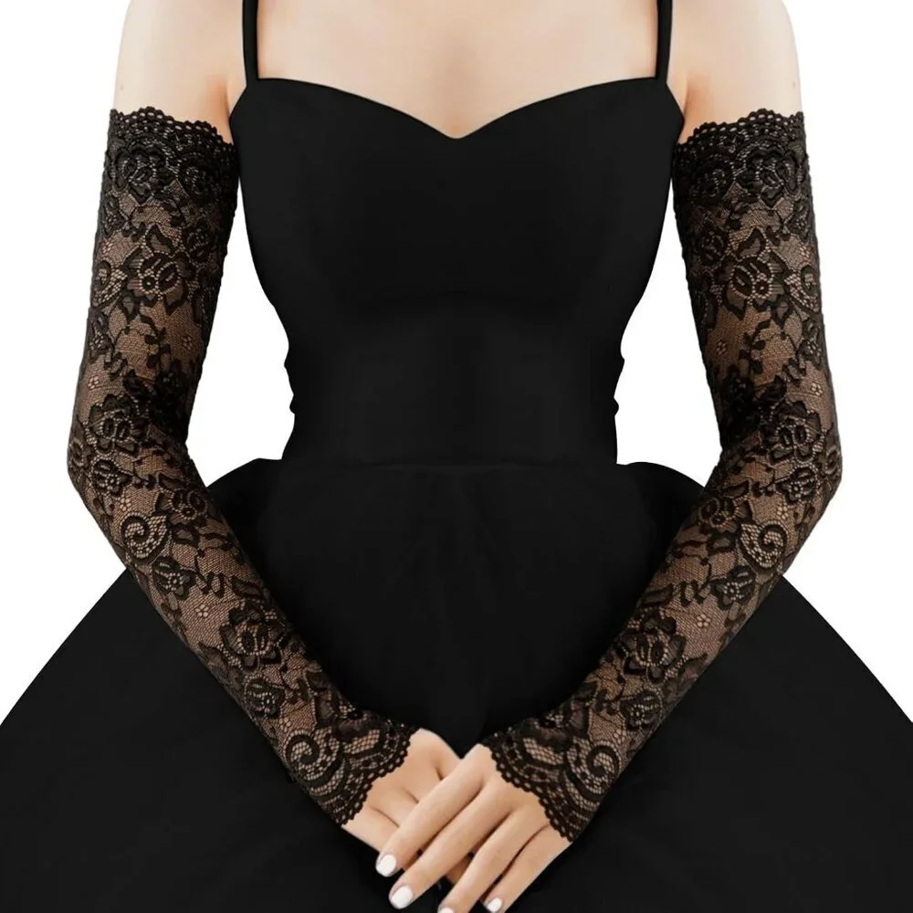 Women's 1 Black Fingerless Lace Arm Sleeves Gloves Wedding Dress Party Prom